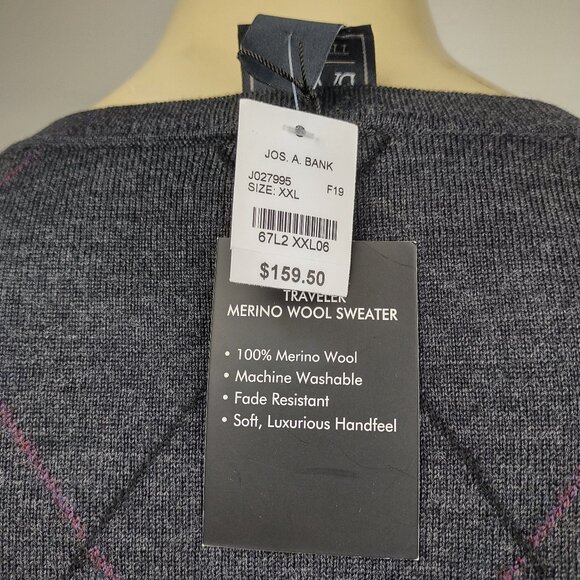 NWT Jos. A. Bank Traveler gray 100% Merino Wool V-Neck sweater mens XXL 2XL - Picture 5 of 8